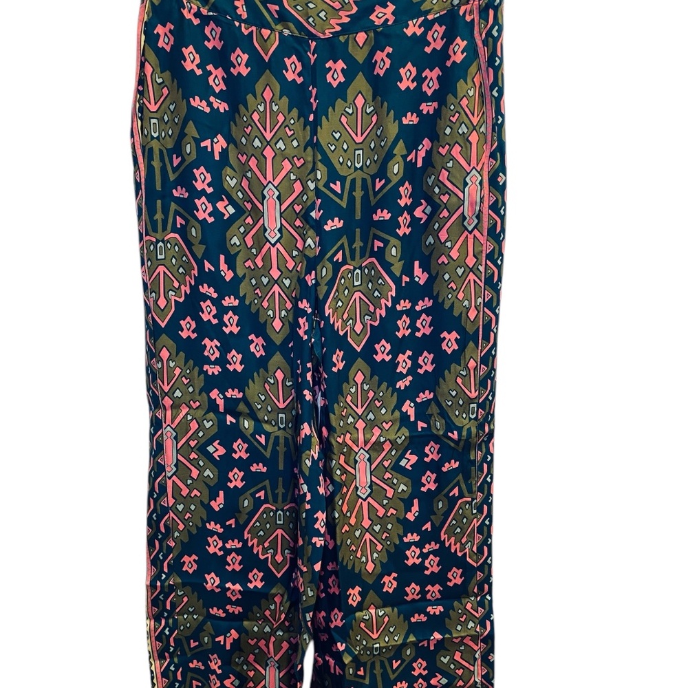 Boden Navy Straight-Leg Pants with Pink & Olive Geometric Print
